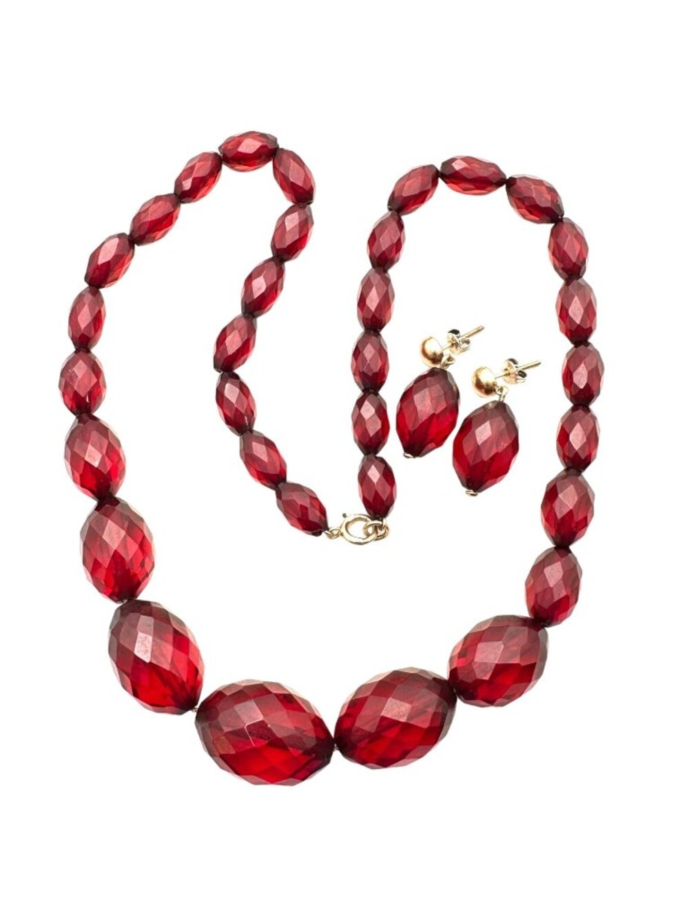 Antique 14K Rose Gold Faceted Cherry Amber Bakelite Bead Necklace Earrings Set